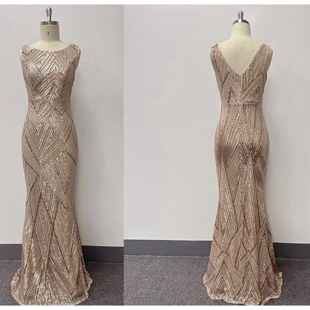 Elegant Sequin Maxi Formal Gown Sleeveless Wedding Guest Dress $105 Retail